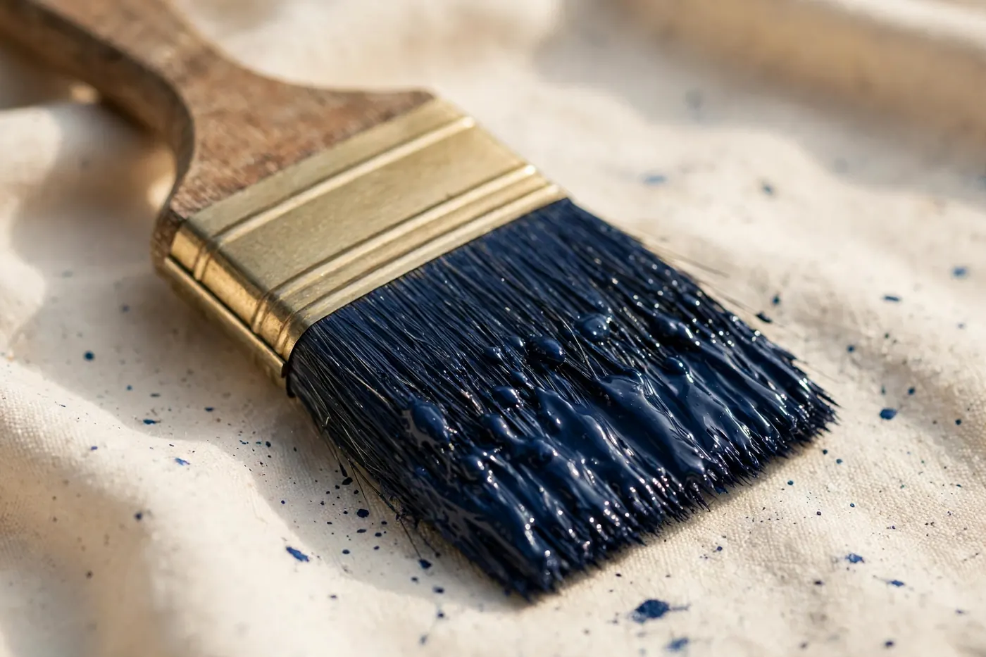 Paint brush loaded with deep blue paint resting on a speckled drop cloth