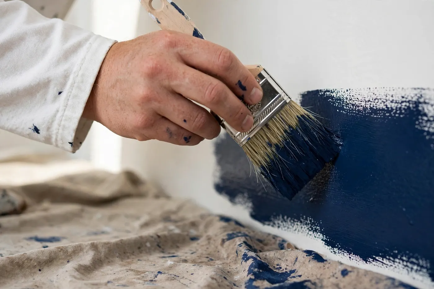 Painter's hand brushing deep blue paint onto a wall