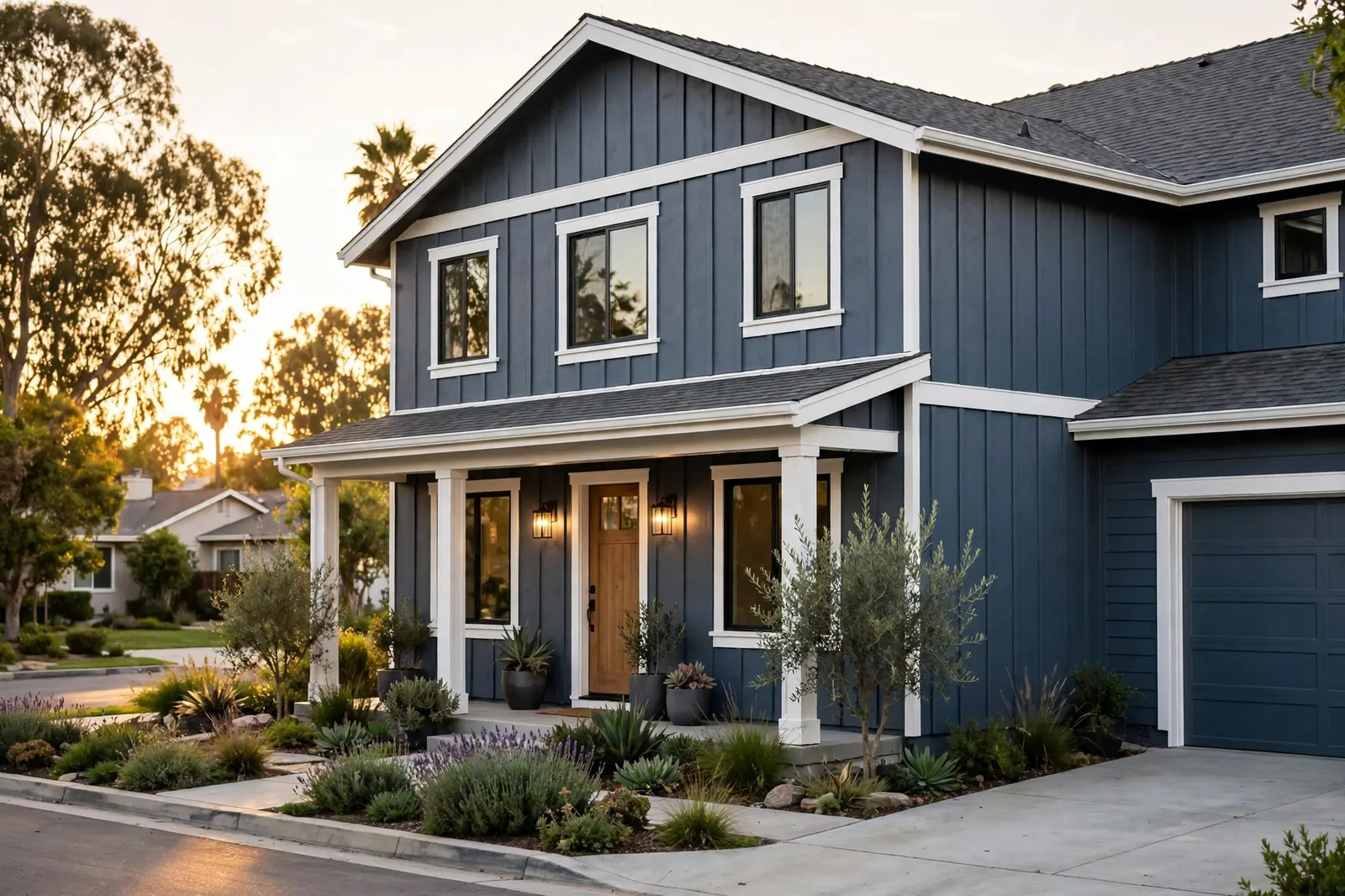 Freshly painted blue-grey home exterior with crisp white trim at golden hour